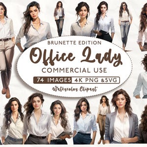 74 Brunette Office Woman Bundle, Brunette Woman clipart, Komercyjne wykorzystanie, Pobieranie cyfrowe, Akwarele clipart, Office Lady PNG, 4K PNG i SVG