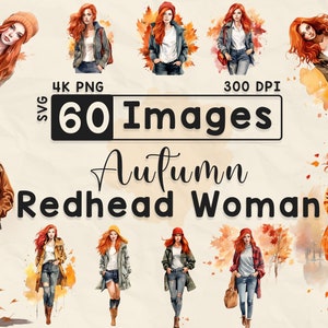 60 Autumn Redhead Woman, Watercolor Clipart, Fall Fashion, Scrapbook, Paper Crafts, PNG and SVG, Chic Woman, Bundle, Autumn, Redhead Girl