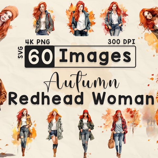 Femme rousse automne 60, Clipart aquarelle, mode automne, scrapbooking, travaux manuels en papier, PNG et SVG, femme chic, lot, automne, fille rousse