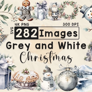 Grijze en witte kerst clipart, aquarel clipart, kerst png, plakboek, Paper Crafts, 4K PNG, Xmas MEGA bundel, digitale bestanden