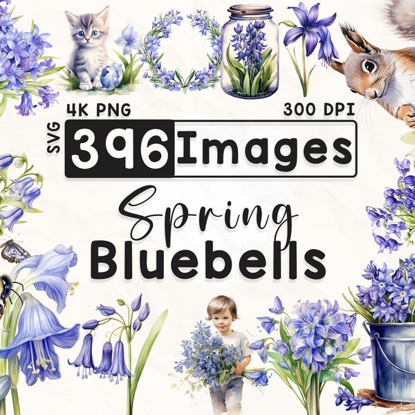 396 Bluebells Clipart Bundle, Watercolor Floral Clipart, Bluebell Clipart, Scrapbook, Spring Flowers, Paper Crafts, 4K PNG, Digital Files