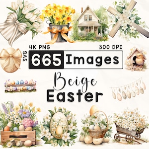 665 Beige Ostern Clipart Bundle, Aquarell Ostern Clipart, Hase Clipart, Scrapbook, Ostereier Clipart, Frühling Clipart, 4K PNG, Digital