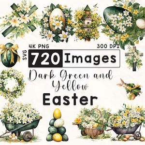 720 Dunkelgrün und Gelb Ostern Clipart Bundle, Aquarell Ostern Clipart, Hase Clipart, Scrapbook, Ostereier Clipart, Frühling Clipart