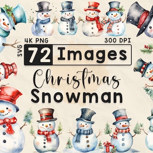 Christmas Snowman Clipart, Watercolor Clipart, Christmas PNG, Snowmen with Hat, Scrapbook, Paper Crafts, 4K PNG, Xmas Bundle, Digital Files