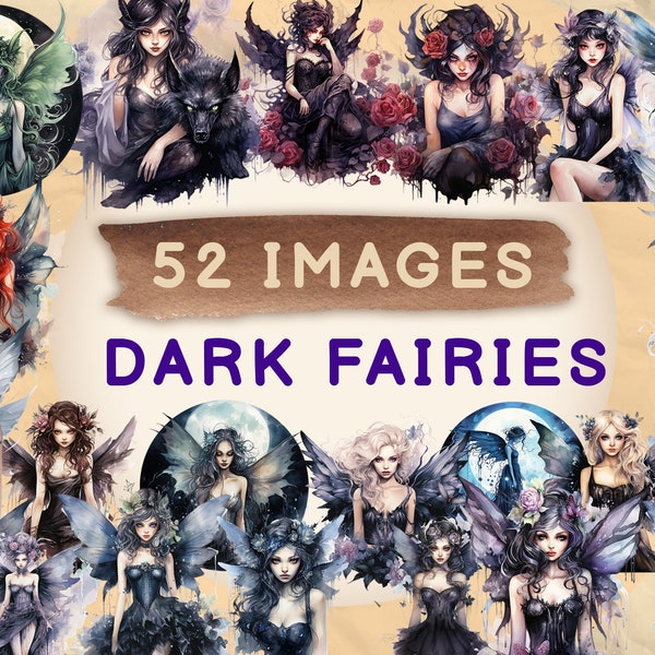 52 Dark Fairy Watercolor Clip Art Bundle, Gothic Illustrations, Storybook, PNG and SVG, Instant Digital Download, Halloween SVG, Clip Art