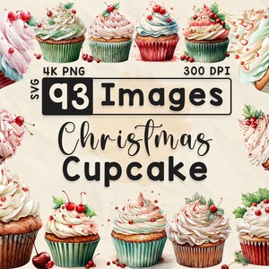 Imágenes Prediseñadas de cupcakes de Navidad, imágenes prediseñadas de acuarela, PNG de Navidad, pastel festivo, álbum de recortes, manualidades de papel, PNG 4K, paquete de Navidad, archivos digitales