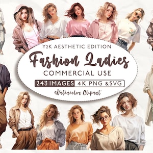 Bundle de cliparts femme élégante esthétique de l'an 2000, clipart dame élégante, usage commercial, clipart aquarelle, dame SVG, femme PNG, PNG 4K et Svg