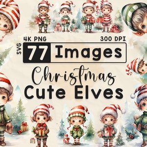 Clipart de duendes fofos de Natal, clipart em aquarela, época festiva, álbum de recortes, artesanato em papel, 4K PNG, lixo eletrônico, pacote de Natal, imagem digital