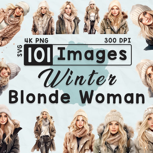 101 hiver blonde femme mode Clipart, clipart aquarelle, saison des neiges, album de coupures, travaux manuels en papier, PNG 4K, journal indésirable, lot fille chic
