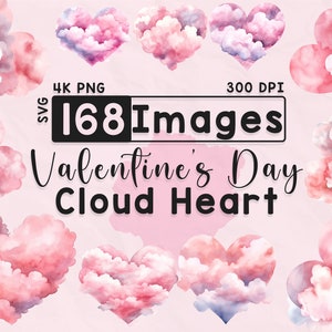 Clipart de coração de nuvem do dia dos namorados, clipart aquarela, PNG de coração, álbum de recortes, artesanato em papel, 4K PNG, pacote de amor, arquivos digitais