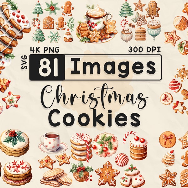 Christmas Cookies Clipart, Watercolor Clipart, Christmas PNG, Gingerbread, Scrapbook, Paper Crafts, 4K PNG, Xmas Bundle, Digital Files