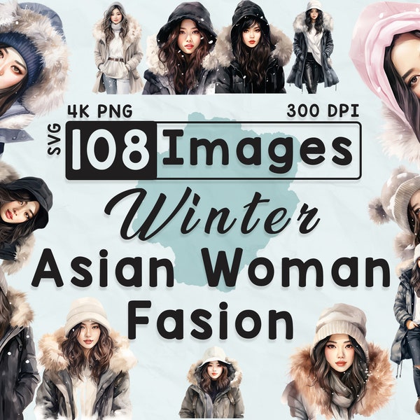 108 Winter Asian Woman Fashion Clipart, Watercolor Clipart, Snow Season, Scrapbook, Paper Crafts, 4K PNG, Junk Journal, Bundle, Digital