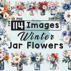 114 Winterblumen in einem Glas Clipart, Aquarell Clipart, Schneesaison, Scrapbook, Papiermodelle, 4K PNG, Junk Journal, Bundle, digitales Bild