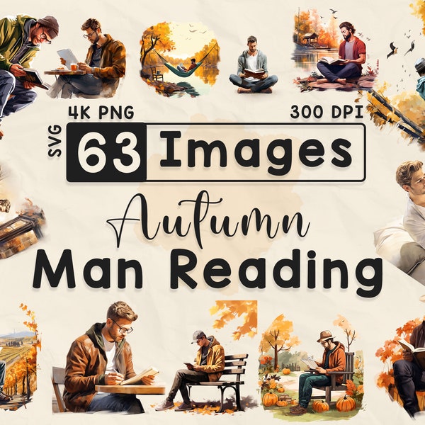 63 Autumn Man Reading Scene Clipart, Watercolor Clipart, Fall Season, Scrapbook, Paper Crafts, PNG and SVG, Fall Book Men, Digital Image