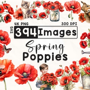 Lot de 394 coquelicots, clipart floral aquarelle, clipart coquelicot, scrapbooking, fleurs de printemps, créations en papier, PNG 4K, fichiers numériques