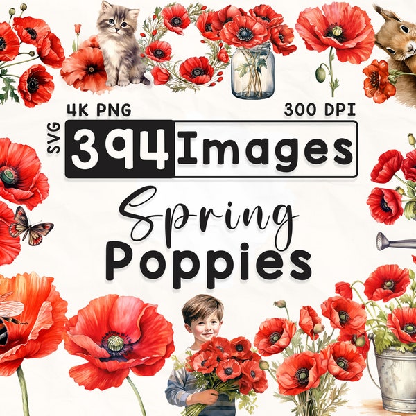 394 Poppies Clipart Bundle, Watercolor Floral Clipart, Poppy Clipart, Scrapbook, Spring Flowers, Paper Crafts, 4K PNG, Digital Files