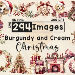 Clipart di Natale color bordeaux e crema, clipart ad acquerello, PNG di Natale, album di ritagli, lavoretti con la carta, PNG 4K, pacchetto MEGA di Natale, file digitali