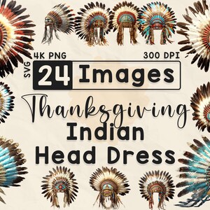 24 Thanksgiving Indian Head Dress Clipart, Watercolor Clipart, Fall Season, Scrapbook, Paper Crafts, PNG and SVG, Fall Bundle, Digital Image