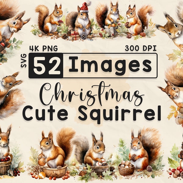 Christmas Cute Squirrel Clipart, Watercolor Clipart, Festive Season, Scrapbook, Paper Crafts, 4K PNG, Junk Journal, Xmas Bundle, Digital