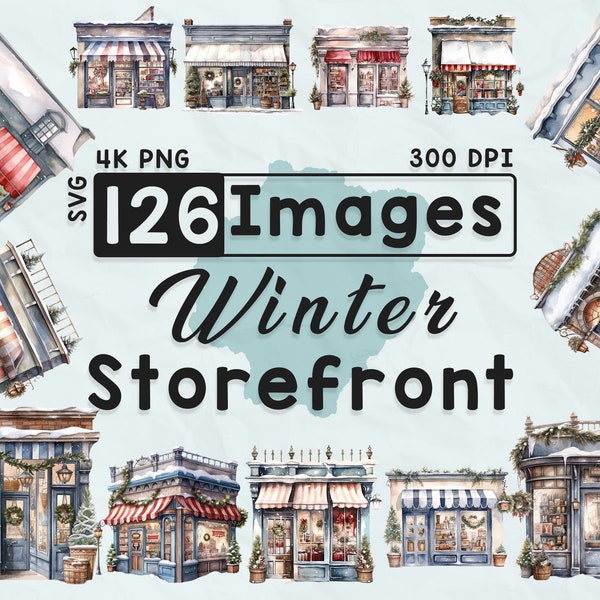 126 Winter Storefront Clipart, Watercolor Clipart, Snow Season, Scrapbook, Paper Crafts, 4K PNG, Junk Journal, Christmas Shop Bundle