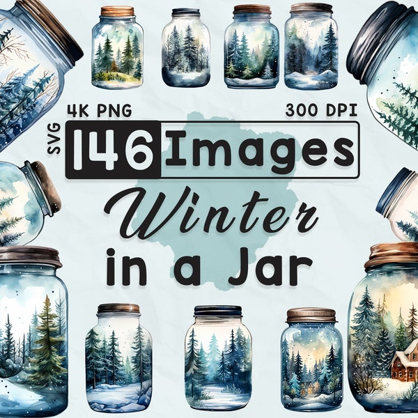 146 Winter in a Jar Clipart, Watercolor Clipart, Snow Season, Scrapbook, Paper Crafts, 4K PNG, Junk Journal, Jars Bundle, Digital Image