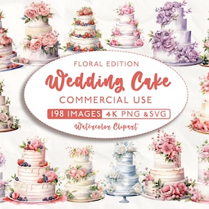 198 ウェディング ケーキ クリップアート バンドル、ケーキ クリップアート、商用利用、デジタル、水彩クリップアート、ウェディング SVG、ウェディング PNG、4K PNG および SVG