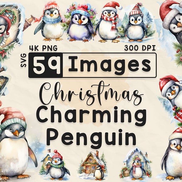 Christmas Charming Penguin Clipart, Watercolor Clipart, Christmas PNG, Scrapbook, Paper Crafts, 4K PNG, Xmas Bundle, Digital Files