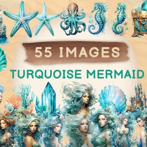 55 Turquoise Mermaid Clipart, Watercolor Mermaid Clipart, 4K PNG and SVG, Mermaid SVG, Mermaid Png, Papercrafts, Scrapbook