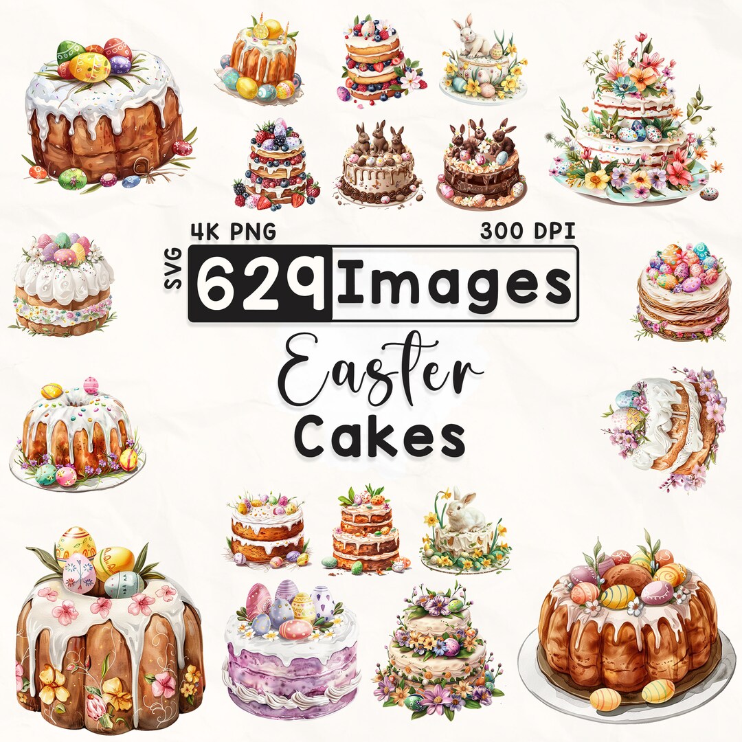629 Easter Cakes Clipart Bundle, Watercolor Easter Clipart, Bunny Clipart, Easter Graphics