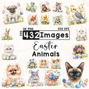 Bundle de cliparts animaux de Pâques 423, Clipart Pâques aquarelle, Clipart lapin, album de scrapbooking, Clipart oeufs de Pâques, Clipart printemps, PNG 4K, numérique