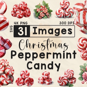 Clipart di caramelle alla menta piperita di Natale, clipart acquerello, PNG di Natale, album di ritagli, lavoretti con la carta, PNG 4K, bundle di Natale, file digitali