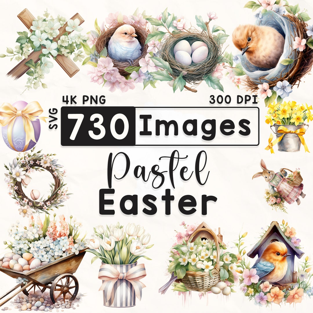 730 Pastel Easter Clipart Bundle, Watercolor Easter Clipart, Bunny ...