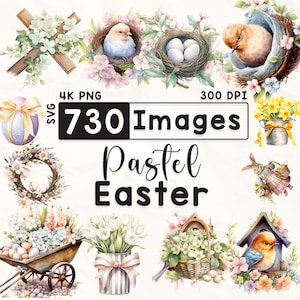 730 Paquete de imágenes prediseñadas de Pascua pastel, imágenes prediseñadas de Pascua de acuarela, imágenes prediseñadas de conejito, álbum de recortes, imágenes prediseñadas de huevos de Pascua, imágenes prediseñadas de primavera, PNG 4K, digital