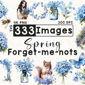 333 Niezapominajki Clipart Bundle, Akwarela Kwiatowy Clipart, Niezapominajka Clipart, Album, Wiosenne Kwiaty, Rękodzieło Papierowe, 4K PNG, Cyfrowe