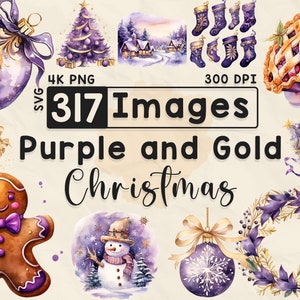 Lila und Gold Weihnachtscliparts, Aquarell Clipart, Weihnachten PNG, Scrapbook, Papiermodelle, 4K PNG, Weihnachten MEGA Bundle, digitale Dateien