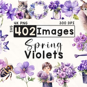 Pacote de clipart de violetas 402, clipart floral aquarela, clipart violeta, álbum de recortes, flores da primavera, artesanato em papel, PNG 4K, arquivos digitais