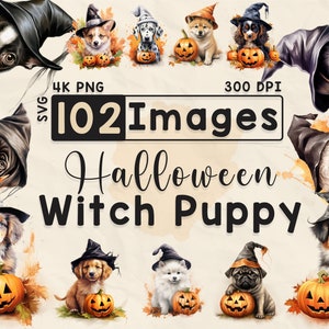 102 Halloween Cute Witch Puppy Clipart, Watercolor Clipart, Spooky Halloween, Scrapbook, Paper Crafts, PNG and SVG, Spooky Puppies, Bundle