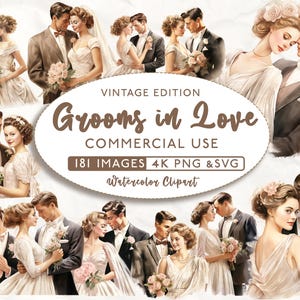 181 Vintage Bride and Groom Bundle, Clipart de noiva e noivo, Uso comercial, Clipart de aquarela, Noivo SVG, Noiva PNG, 4K PNG e Svg