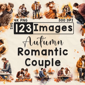 123 imágenes prediseñadas de pareja romántica de otoño, imágenes prediseñadas de acuarela, temporada de otoño, álbum de recortes, manualidades de papel, PNG y SVG, amor de otoño, paquete, imagen digital