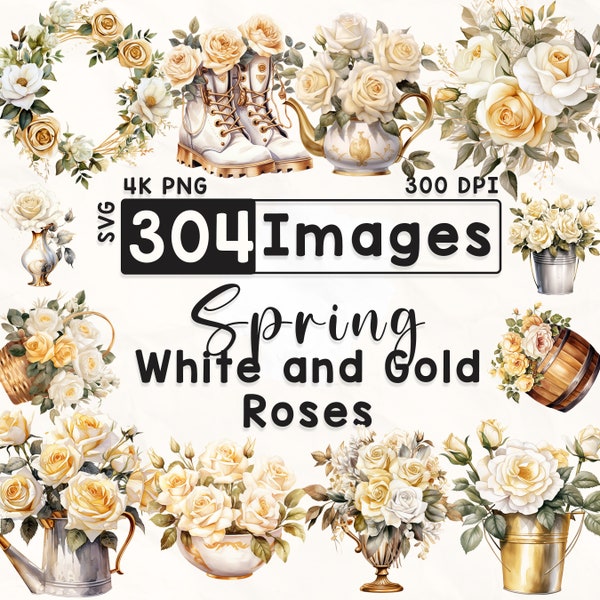 304 White and Gold Roses Clipart Bundle, Watercolor Floral Clipart, Rose Clipart, Scrapbook, Spring Flowers, Paper Crafts, 4K PNG, Digital