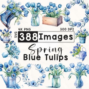 388 blaue Tulpen Clipart Bundle, Aquarell Blumen Clipart, Tulpe Clipart, Scrapbook, Frühlingsblumen, Papierhandwerk, 4K PNG, Digitale Dateien