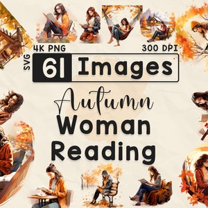 61 Autumn Woman Reading Clipart, Clipart ad acquerello, Stagione autunnale, Scrapbook, Mestieri di carta, PNG e SVG, Ragazza del libro autunnale, Pacchetto di immagini digitali