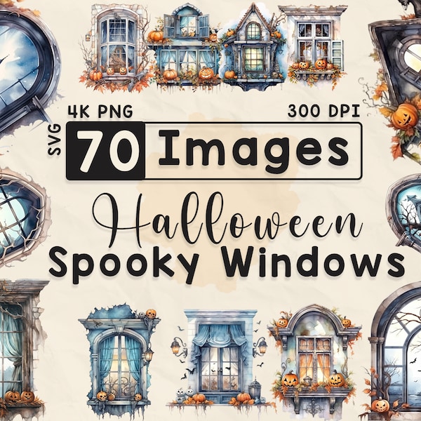 70 Halloween Spooky Window Clipart, Watercolor Clipart, Halloween PNG, Spooky Halloween, Scrapbook, Paper Crafts, PNG and SVG, Spooky Window