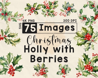 Houx de Noël avec des baies des cliparts, clipart aquarelle, Noël PNG, houx, scrapbooking, travaux manuels en papier, PNG 4K, lot de Noël, fichiers numériques