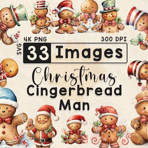 Imágenes Prediseñadas de hombre de jengibre de Navidad, imágenes prediseñadas de acuarela, PNG de Navidad, hombre lindo, álbum de recortes, artesanías de papel, PNG 4K, paquete de Navidad, archivos digitales