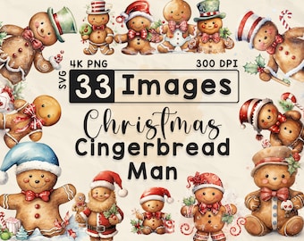 Clipart Noël bonhomme en pain d&#39;épice, aquarelle, Noël PNG, homme mignon, scrapbooking, travaux manuels en papier, 4K PNG, Noël Bundle, fichiers numériques