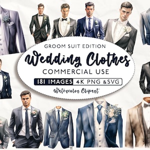 181 Clipart di abiti da sposo, clipart di abiti da sposa, uso commerciale, digitale, clipart acquerello, SVG matrimonio, PNG matrimonio, PNG 4K e SVG
