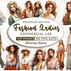 219 Boho elegante vrouw clipartbundel, elegante dame clipart, commercieel gebruik, aquarel clipart, Lady SVG, vrouw png, 4K png en SVG