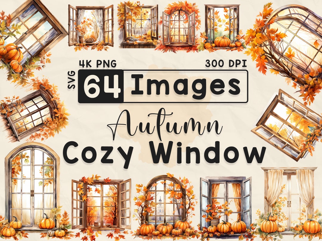 Fall Window Print 64 Autumn Cozy Window, Watercolor Clipart, Fall Season, Scrapbook ...