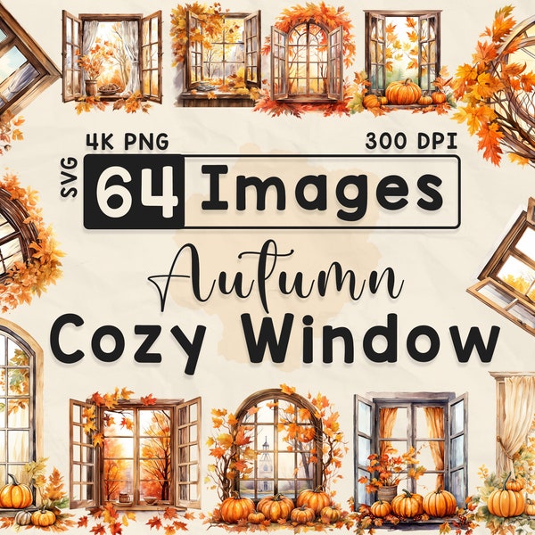 64 herfst gezellig raam, aquarel clipart, herfst seizoen, plakboek, papier ambachten, PNG en SVG, val Windows, pompoen, digitale beeldbundel